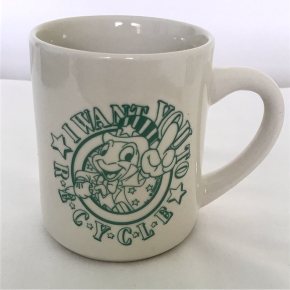 Vintage Disney Jiminy Cricket I Want You To Recycle Coffee Cup Mug Cream Green - Picture 1 of 16
